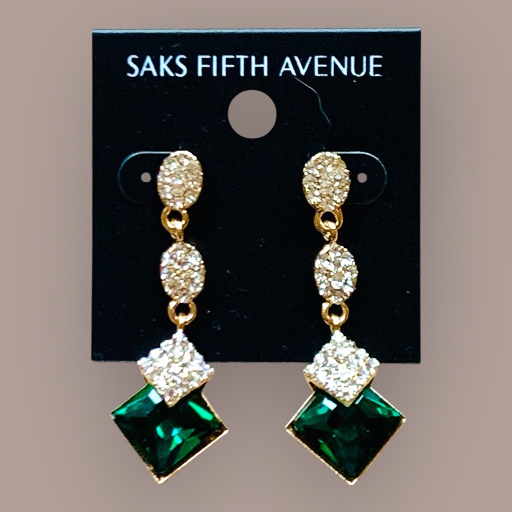 Saks Fifth Avenue Gold, Crystal, & Emerald Green Earrings - Picture 2 of 3